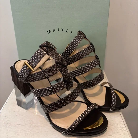 🤩 Modern VTG Maiyet of Italy Elaphe Multi Strap Black & Gold Strappy Sandal 38.5 - Picture 4 of 12